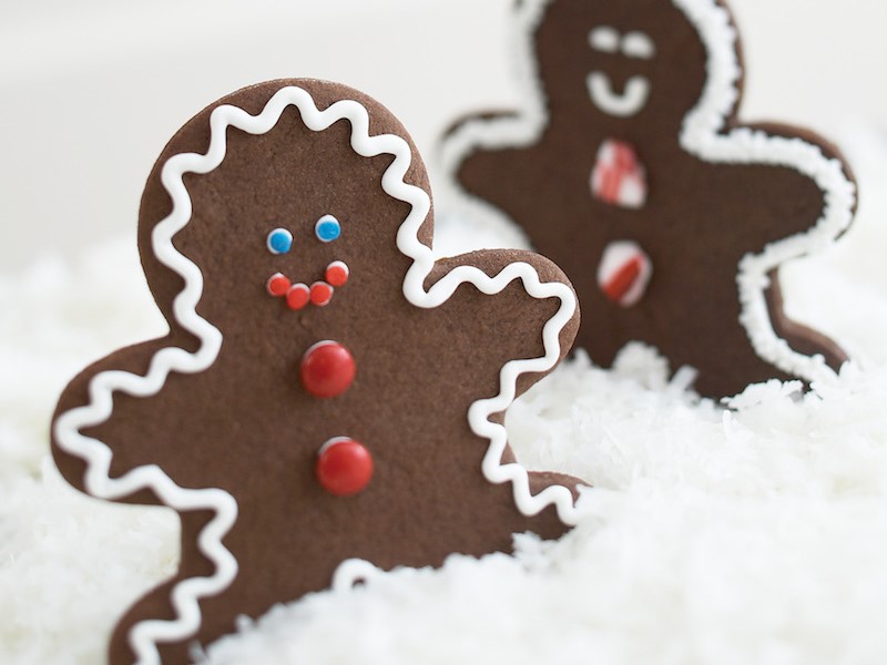 Two decorated ginger bread men on top of coconut flakes