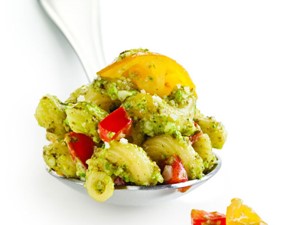 Pesto Covered Noodles with Yellow and Red Tomatoes