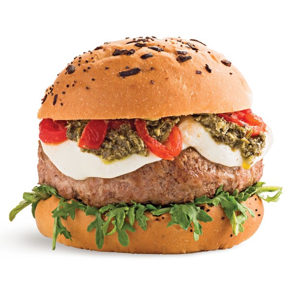 Turkey Burger with Arugula, Tomato and Mozzarella Slices and Pesto