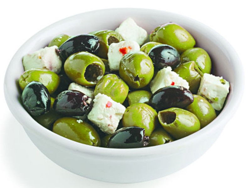 Green and Black Olives with Cheese Cubes